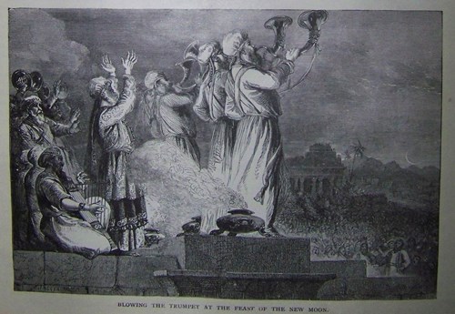 דימוי של תקיעת החצוצות בבית המקדש בקידוש החודש, התנ"ך של הולמן, 1890 מתוך Wikimedia Commons, מאגר המדיה החינמי