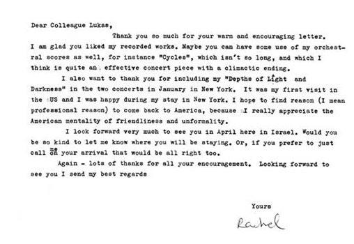מכתב מרחל גלעין למנצח לוקס פוס (Lukas Foss), 1992 (מס' קטלוגי: MUS 253 ,F27)