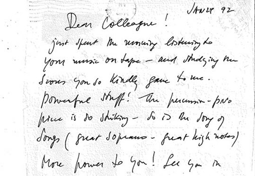מכתב (כתב-יד) של המנצח לוקס פוס (Lukas Foss) לרחל גלעין (באנגלית), ינואר 1992 (מס' קטלוגי: MUS 253 ,F22)