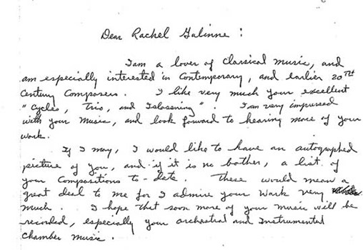 A letter to Rachel Galinne, 2002, (Call no. MUS 253 F59)