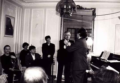 Tsippi Fleischer during the premier of "Ballad of Expected Death in Cairo" with the Egyptian tenor, Hassan Kami, whose voice was the inspiration for the piece, Paris, the house of Allain Weinfeld (1989)