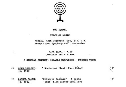"Etnachta" Concert Program of the "Voice of Music" on "Kol Israel" – Israel Broadcasting Authority - at the Henry Crown Theatre in Jerusalem, 1994 (Call no. MUS 253 D9)
