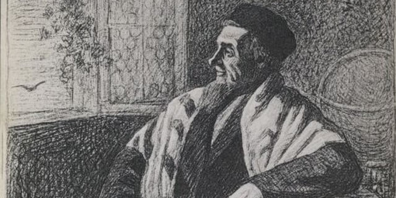 איור המתאר רב עטוף טלית, יושב ואוחז בספר, שנת 1903 לערך, מתוך אוסף הגלויות של הספרייה הלאומית
