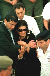 Lea Rabin and her son crying during the funeral ceremony