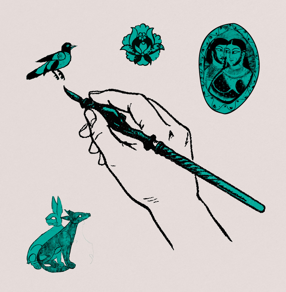 איור של יד אוחזת במכחול ומאיירת ציורים קטנים